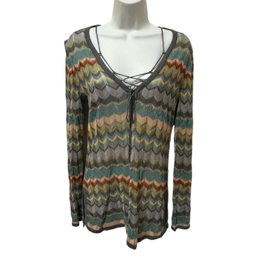 SIGRID OLSEN Delicate Boho Chevron Sweater with Laces Neckline, Size Small